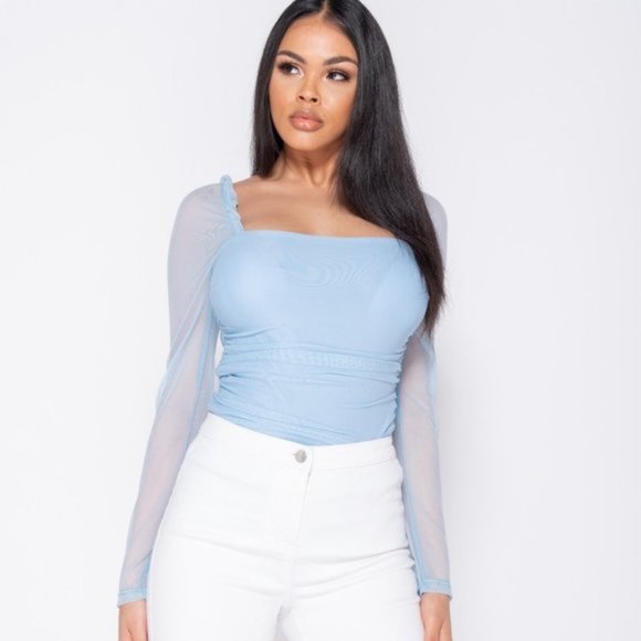 Sweet Nothings Blue Sheer Sleeve Bodysuit - Picture 5 of 9